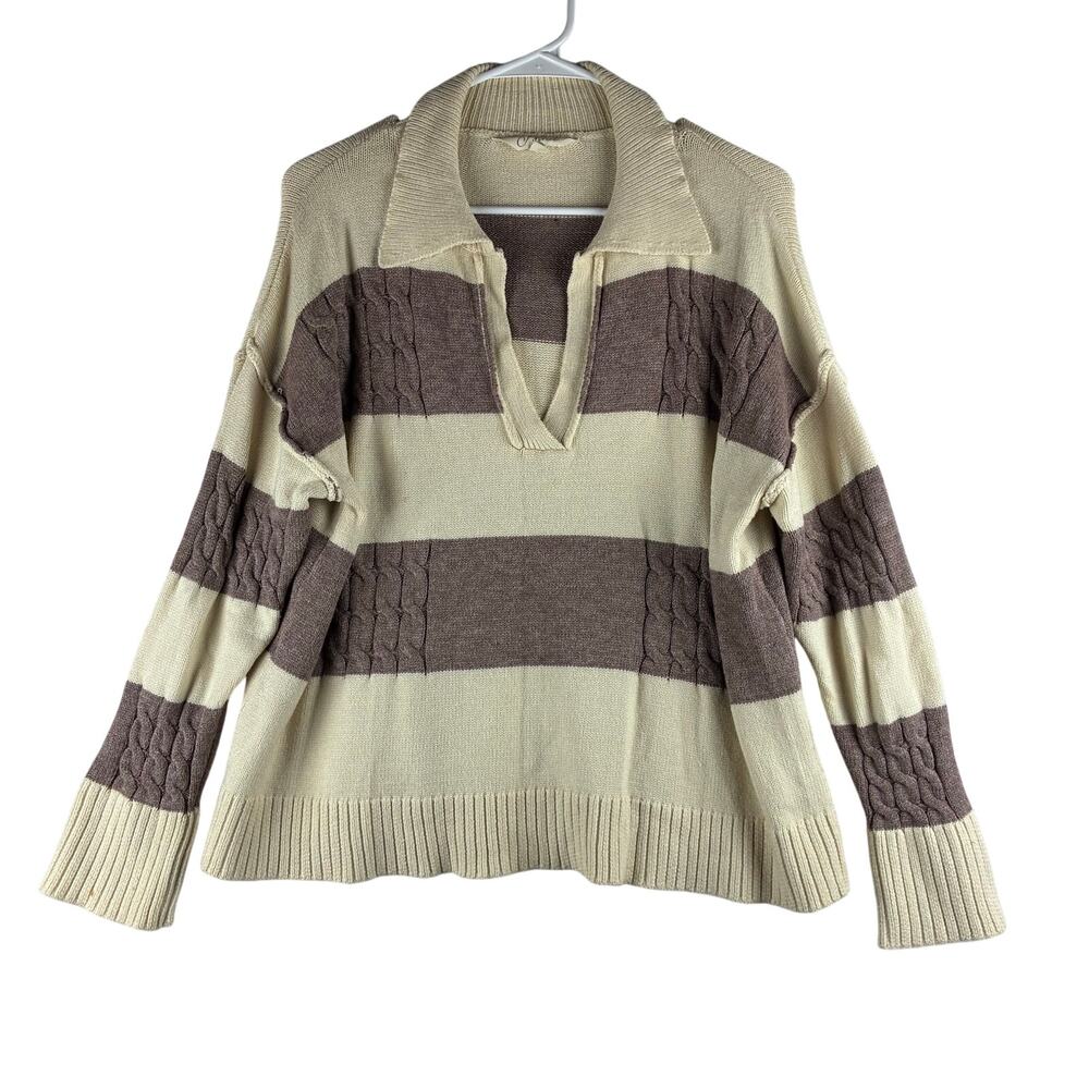 Inna V Neck Collared Chunky Knit Cable Sweater Women Small Striped Cream Taupe